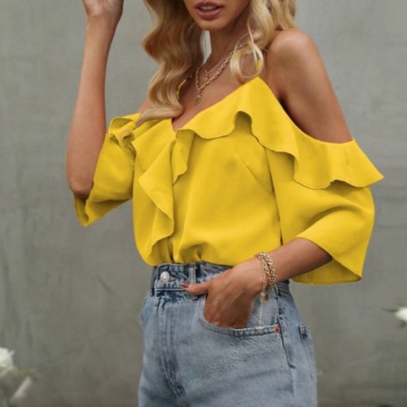 Boho mustard yellow cold shoulder blouse - Picture 5 of 8